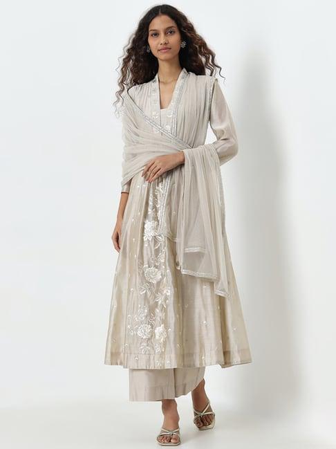 vark by westside beige floral embroidered kurta, pants and dupatta