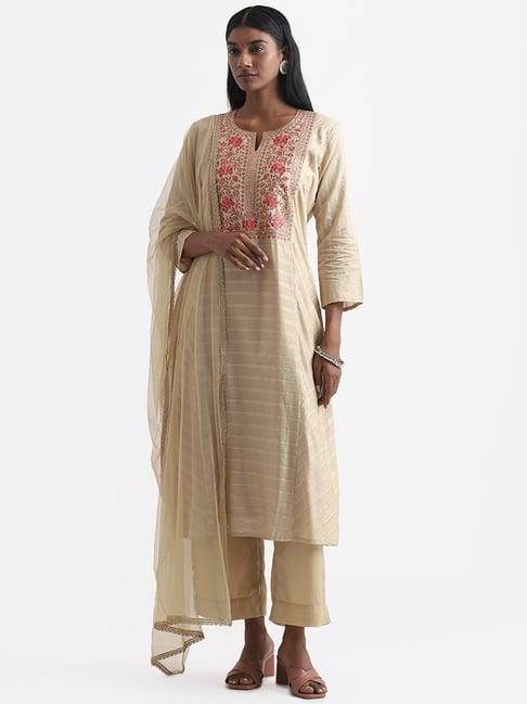 vark by westside beige floral embroidered kurta with palazzos & dupatta