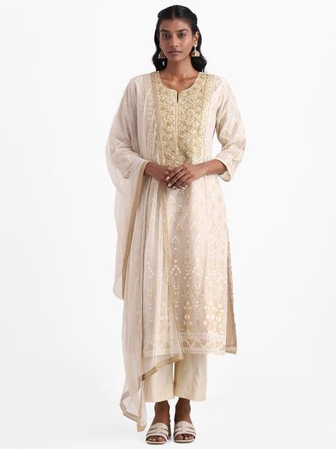 vark by westside beige regular fit kurta, pants, dupatta set