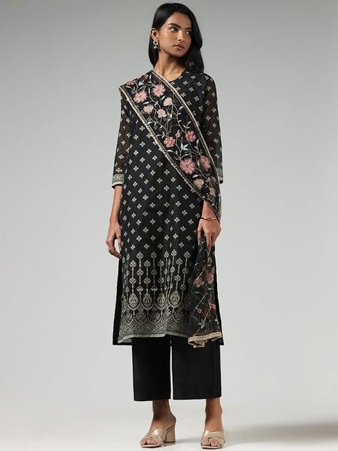 vark by westside black printed kurta, palazzos & dupatta set