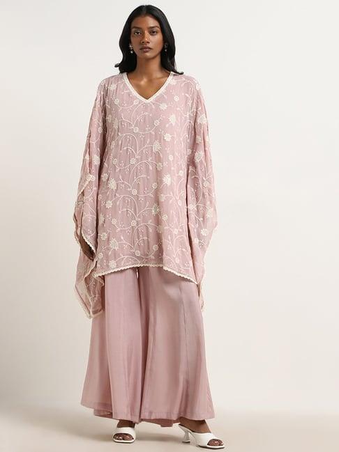 vark by westside dull pink embroidered kaftan & mid-rise palazzos set