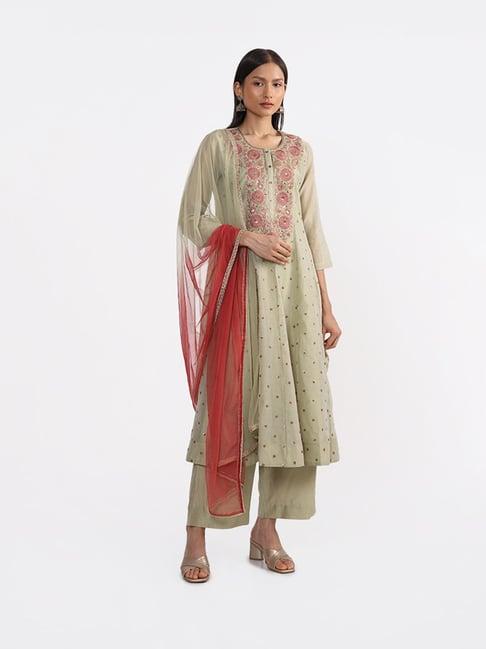 vark by westside embroidered sage-colored kurta & inner with palazzos & dupatta