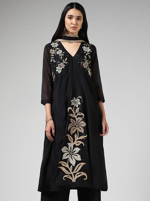 vark by westside floral embroidered black kurta with palazzos & dupatta