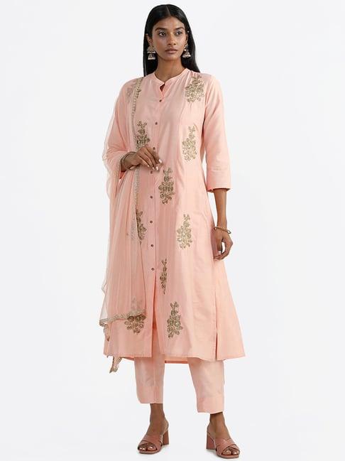 vark by westside golden embroidered peach kurta, pants & dupatta