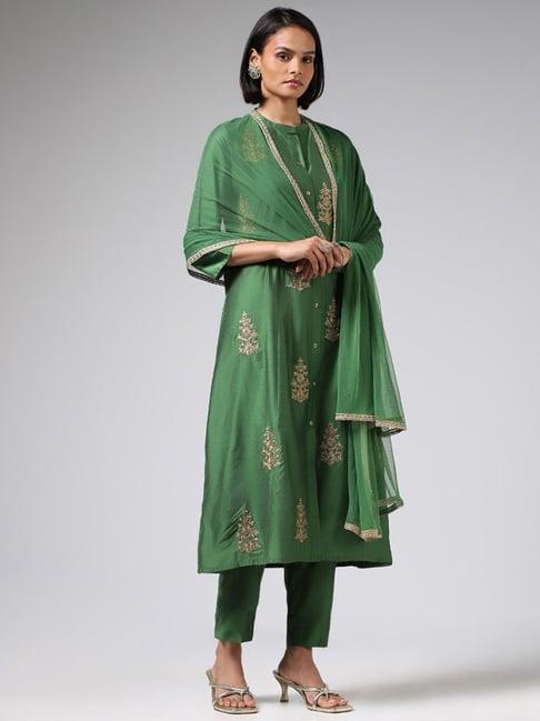 vark by westside green embroidered kurta, pants & dupatta set