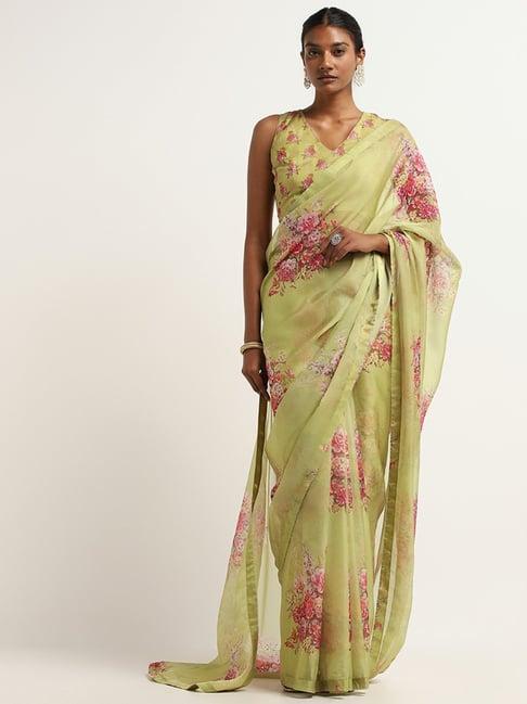 vark by westside green floral printed saree with blouse