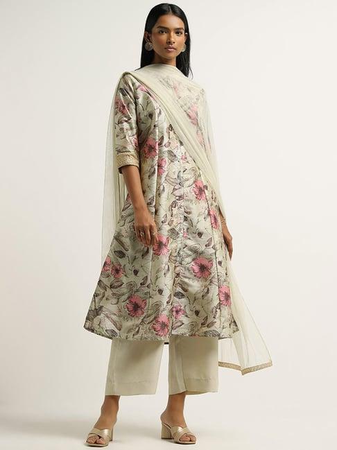 vark by westside green printed kurta, palazzos & dupatta set