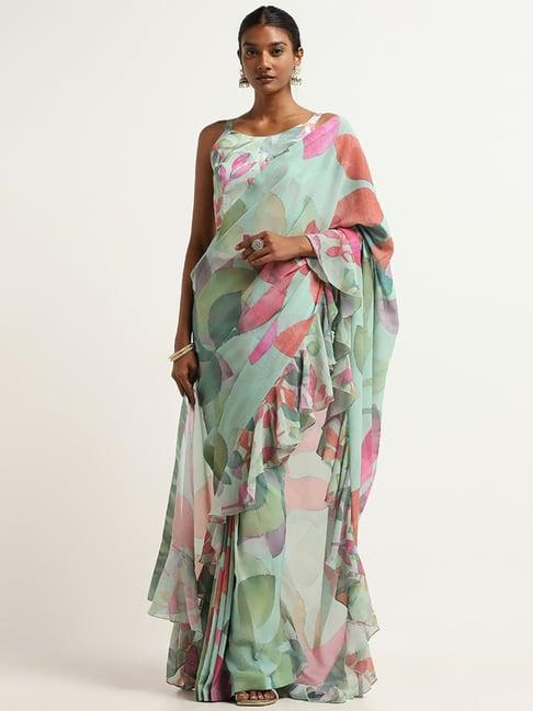 vark by westside green printed ruffle saree with blouse