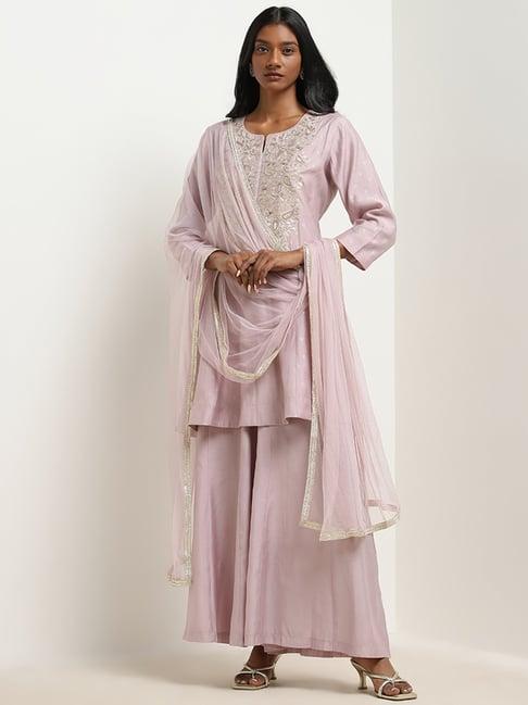 vark by westside lilac embroidered a-line kurti, palazzos & dupatta set