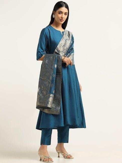 vark by westside navy kurta, palazzos & brocade dupatta set