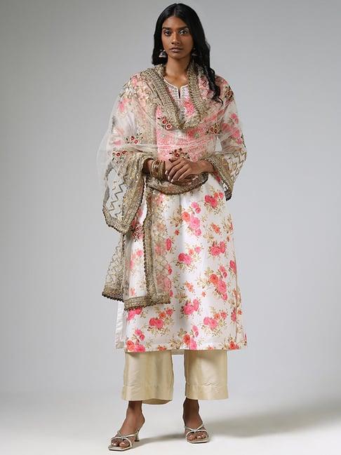 vark by westside off white embroidered kurta, palazzos & dupatta set