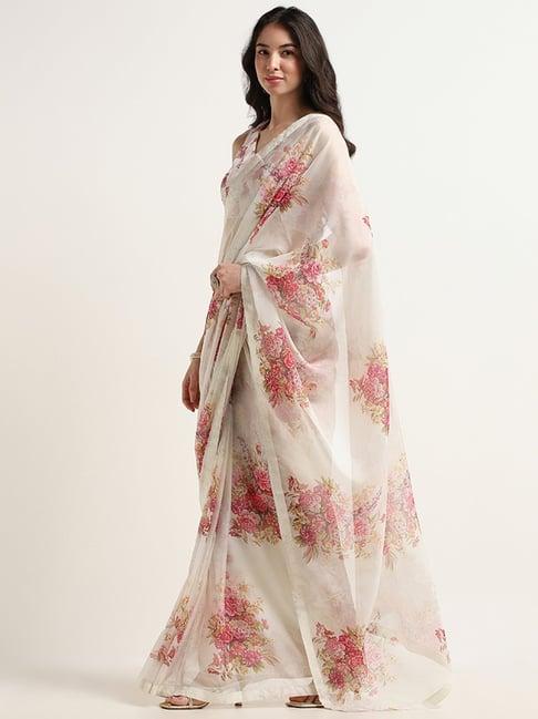 vark by westside off-white floral printed saree with blouse