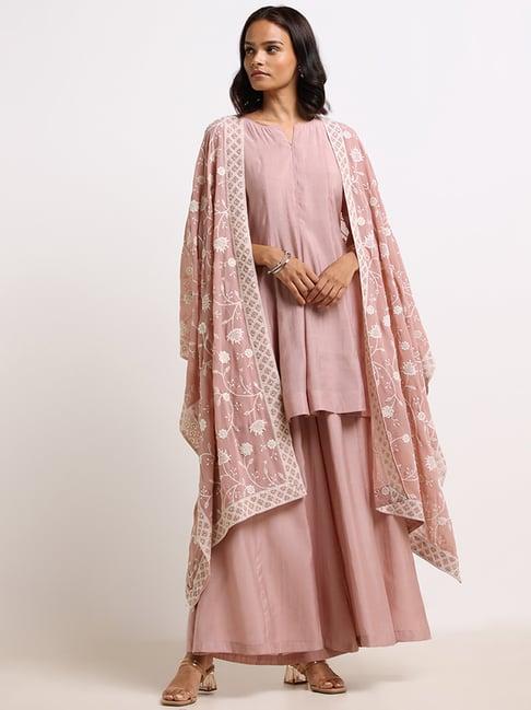 vark by westside pastel pink embroidered kurti, palazzos & dupatta set