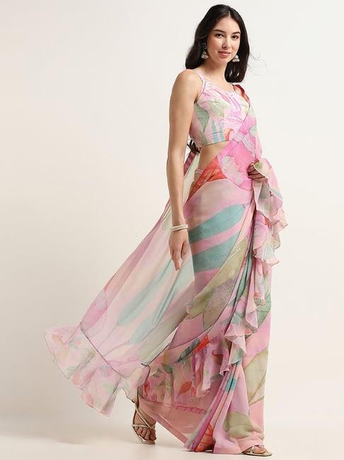 vark by westside pastel pink ruffled saree with blouse