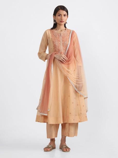 vark by westside peach embroidery kurta, inner, bottom & dupatta set