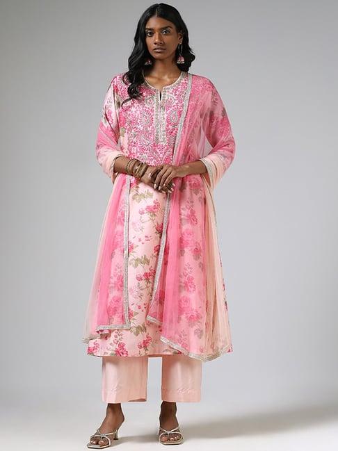 vark by westside peach floral embroidered kurta, palazzos & dupatta set