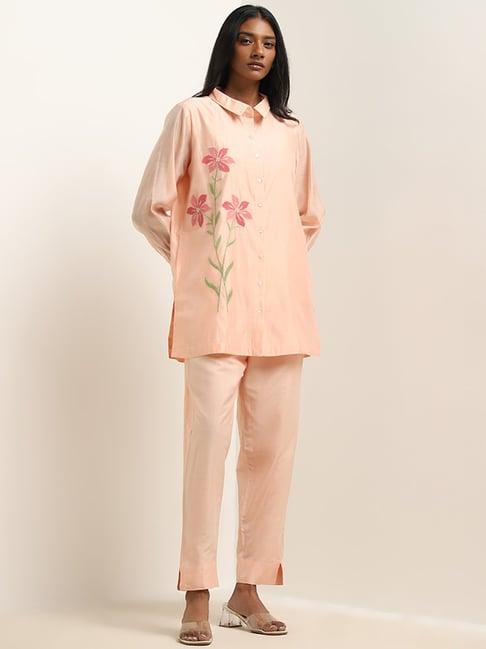 vark by westside peach floral embroidered straight tunic with pants set