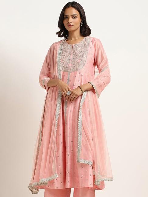 vark by westside pink embroidered kurta, palazzos & dupatta set