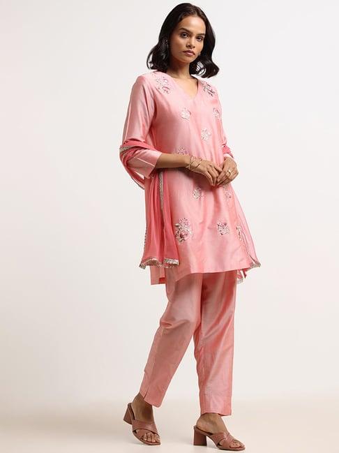 vark by westside pink embroidered kurta, pants & dupatta set