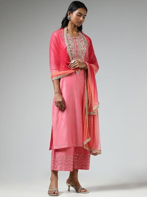 vark by westside pink embroidered kurta, striped palazzos & dupatta set