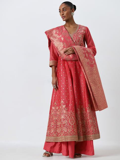 vark by westside pink floral embroidered kurta, skirt and dupatta set