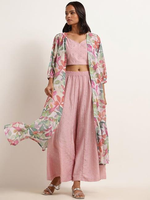 vark by westside pink floral print top, palazzos & jacket set