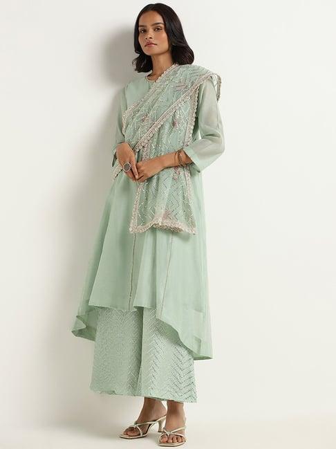 vark by westside pista green printed kurta, palazzos & dupatta set