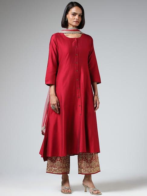 vark by westside plain red kurta with embroidered pants & dupatta