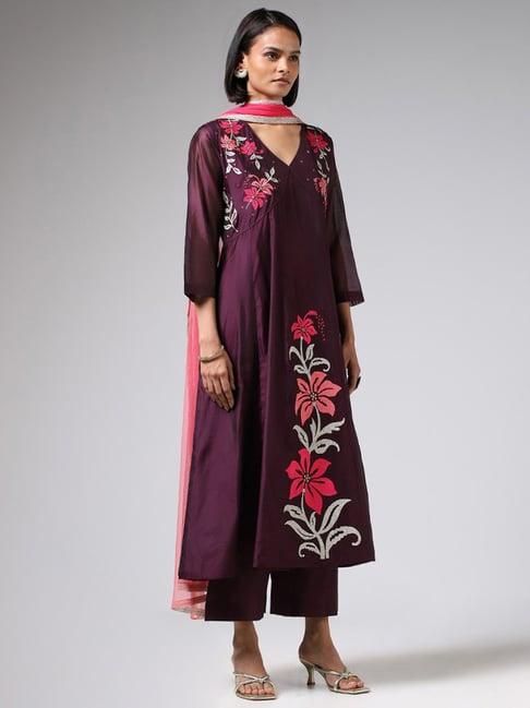 vark by westside purple floral embroidered kurta, pants & dupatta set