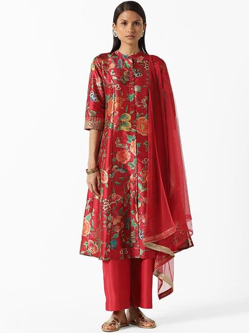 vark by westside red floral printed kurta, pants and dupatta set