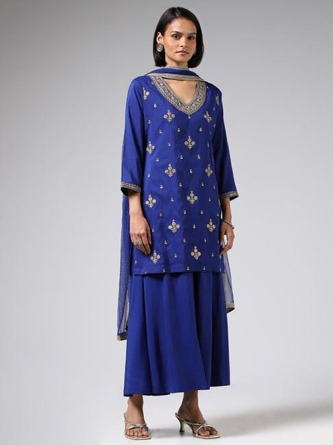 vark by westside royal blue embroidered kurti, palazzos & dupatta set