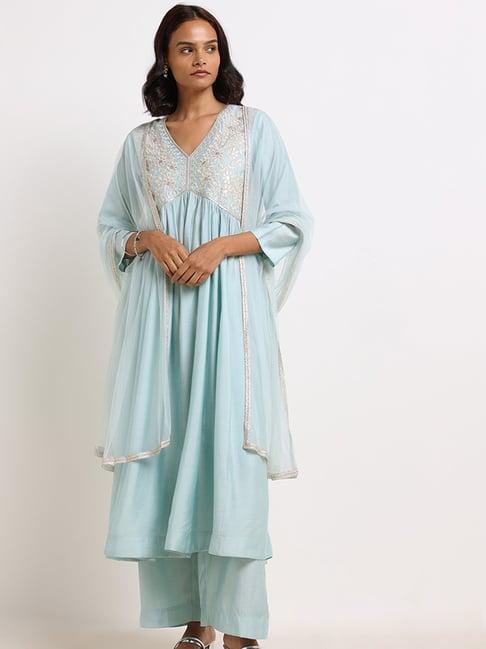 vark by westside teal blue embroidered kurta set