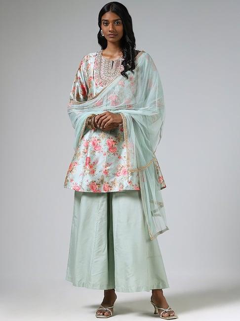 vark by westside teal embroidered kurta, palazzos & dupatta set