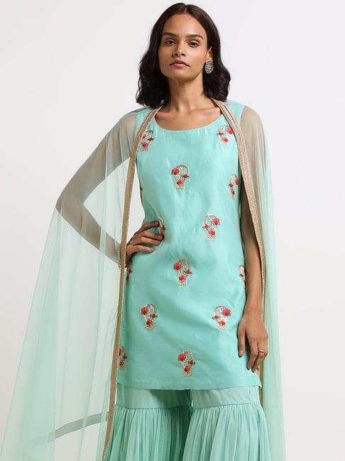 vark by westside teal embroidered kurti, sharara & dupatta set