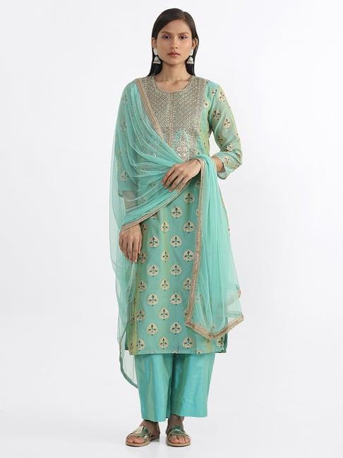 vark by westside teal zari kurta, palazzos & dupatta set