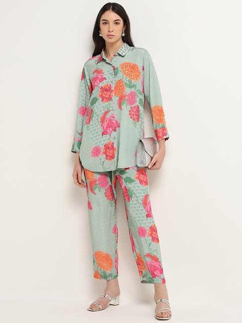 vark by westside turquoise floral tunic & pants set