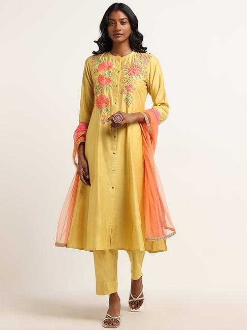 vark by westside yellow embroidered kurta, pants and dupatta set