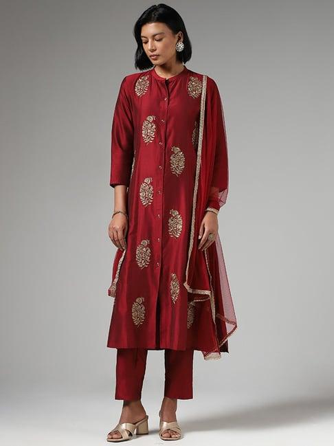 vark by westside zari embroidered maroon kurta with pants & dupatta
