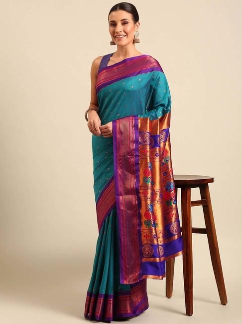 varkala silk sarees blue & purple woven saree with unstitched blouse