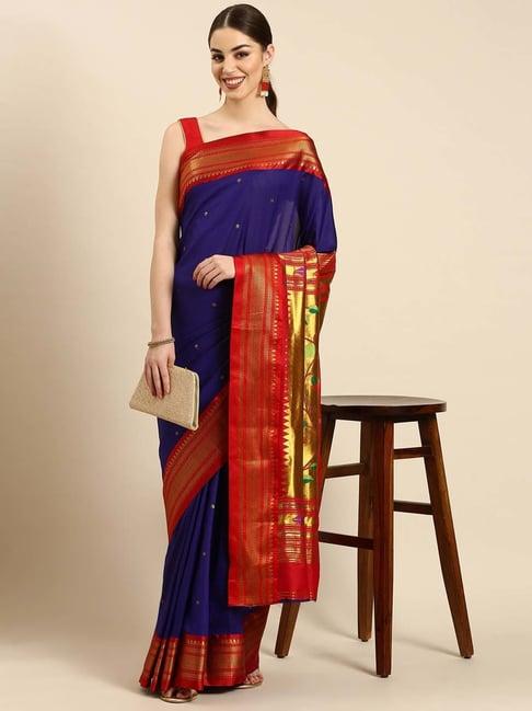 varkala silk sarees blue & red woven saree with unstitched blouse