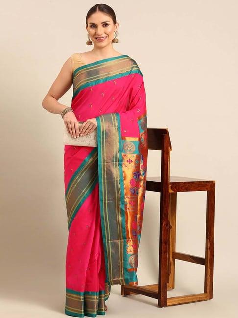 varkala silk sarees hot pink & green woven saree with unstitched blouse