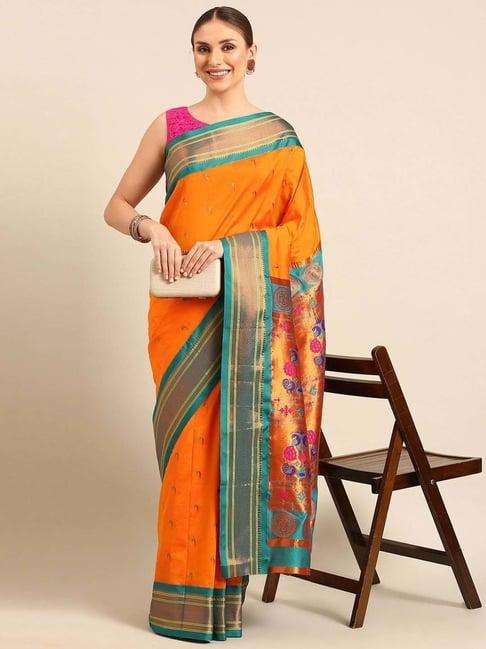 varkala silk sarees orange & green woven saree with unstitched blouse