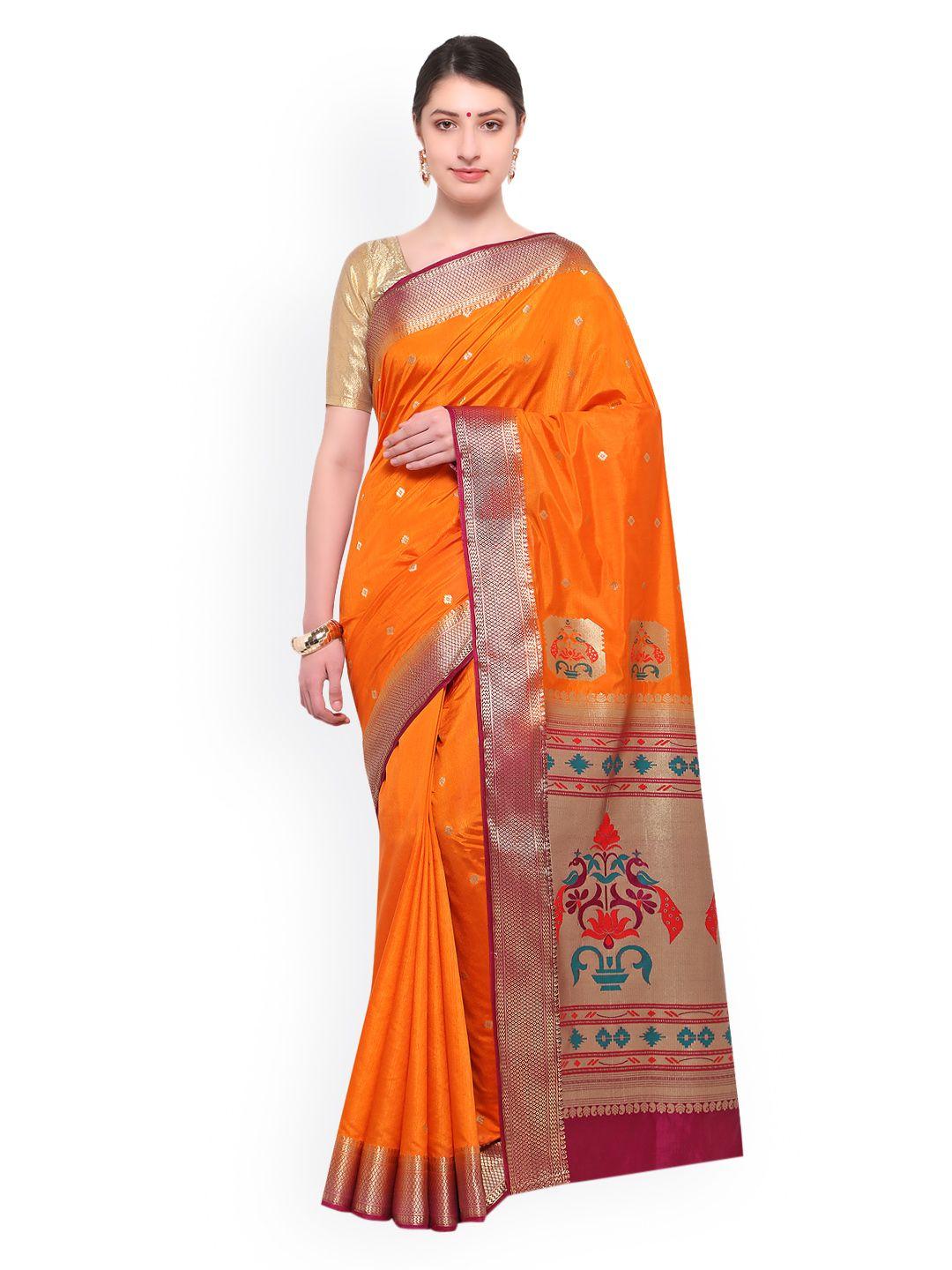 varkala silk sarees orange woven design silk blend paithani saree