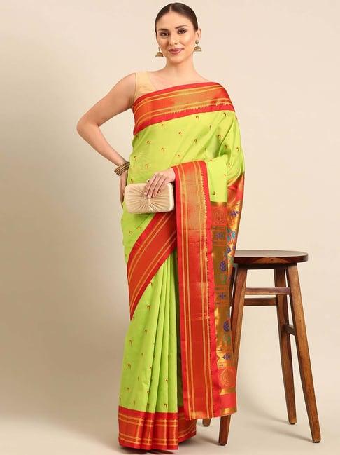 varkala silk sarees parrot green & red woven saree with unstitched blouse