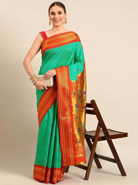 varkala silk sarees rama green & red woven saree with unstitched blouse