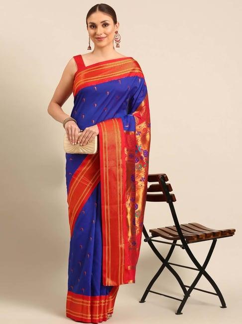 varkala silk sarees royal blue & red woven saree with unstitched blouse