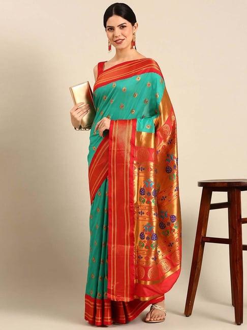 varkala silk sarees sea green & red woven saree with unstitched blouse