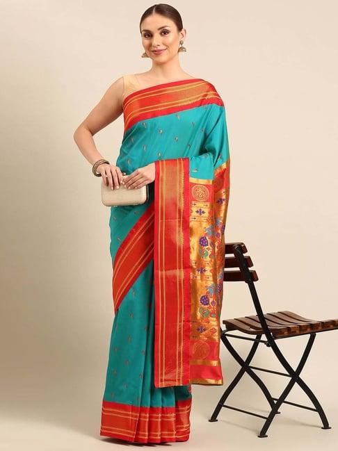 varkala silk sarees turquoise & red woven saree with unstitched blouse