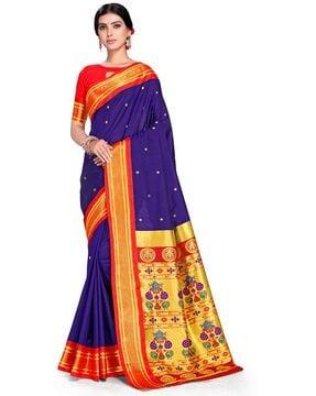 varkala silk women's paithani soft silk kadiyal maharani saree with blouse piece indigo blue traditional saree