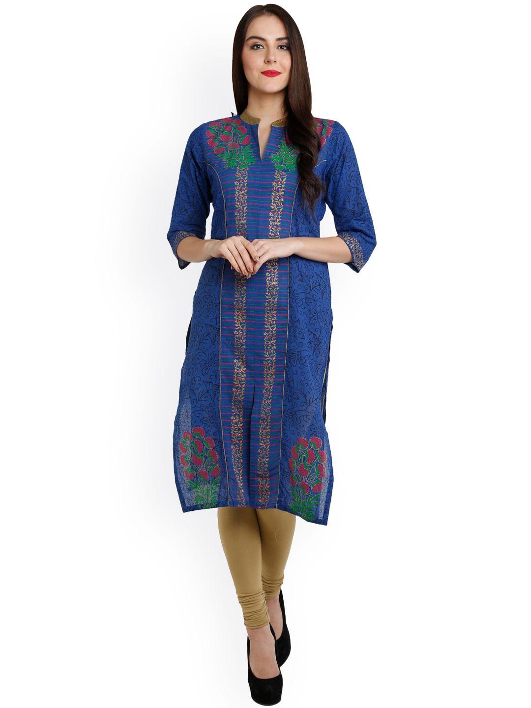 varkha fashion women blue ethnic motifs printed block print kurta